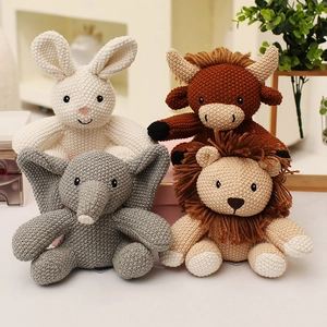 Handmade knitted animal plush set featuring a rabbit, elephant, lion, and cow for kids