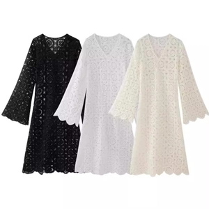 Lace embroidery long sleeve V-neck dresses in black, white, and beige color options