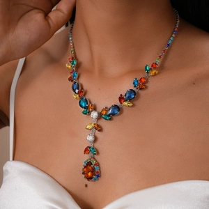 Close-up of luxury waterdrop pear-shaped amber crystal necklace on model's neck