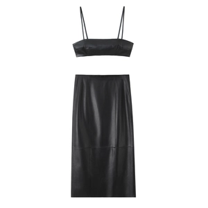 Crop Top Camisole Από Τεχνητό Δέρμα Και Μίντι Φούστα Μονόχρωμη Sexy Streetwear Μόδα Για Γυναίκες Μαύρο