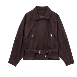 Veste de moto en suédine marron avec revers, poches zippées et ceinture ajustable