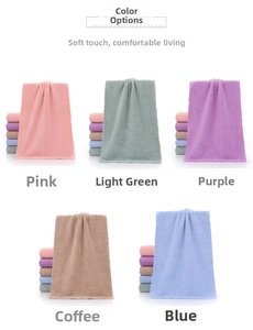 Detail of coral fleece towel set in pink green purple coffee and blue with soft texture