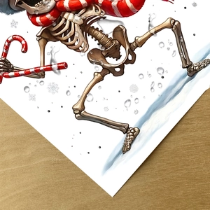 Close-up of skeleton Christmas sticker with candy cane on a wooden table surface