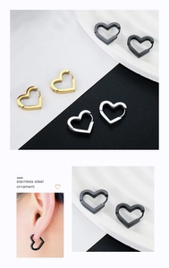Three-color heart-shaped stainless steel earrings in black, gold and silver finishes