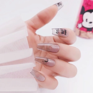 Long Coffin Press On Nails Gradient Grey Letter Print Graffiti Design Detachable False Nails For Women Sweet Cool Style