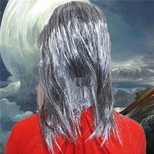 Detailed back view of silver-grey medium-long synthetic witch wig for costume parties