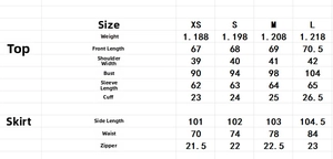 Detailed size chart for tweed blazer and skirt set including length, bust, and waist data