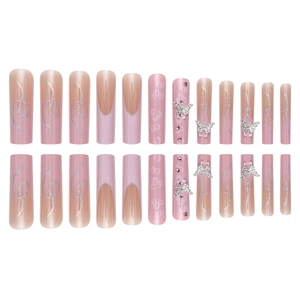 Pink gradient press-on nails with silver butterflies, glitter, and rhinestone accents