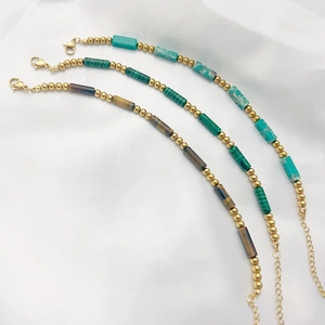 French retro beaded bracelet set with natural malachite and tiger eye in stainless steel