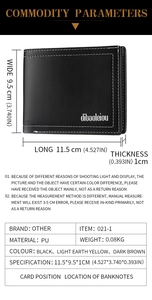 Detailed specs showing slim bifold men's wallet in black PU leather with logo emboss