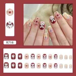 Glittery red heart and rabbit press-on nails set for festive style, model R716
