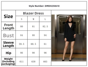 Detaillierte Größentabelle für V-Ausschnitt Blazer-Kleid mit Angaben zu Länge und Oberweite