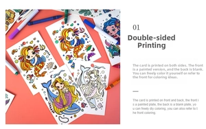 Detailed view of double-sided mermaid coloring cards for kids with markers and crayons