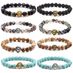Men Beaded Bracelet Natural Stone Lava Agate Tiger Eye Turquoise Lion Head Charm Elastic Jewelry Punk Ethnic Style
