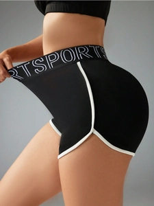 Pantaloncini Sportivi Vita Alta Donna Poliestere Bordo Contrasto Yoga Corsa Fitness Aderente Stampa Lettere