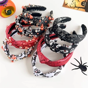 Halloween Headbands Wide Knotted Fabric Hair Bands With Skull Spider Web Print Artificial Pearl Rhinestone For Party Costume