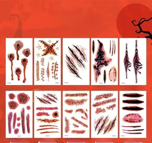 Detailed set of 10 waterproof Halloween temporary tattoos with scar and wound designs