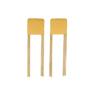 Elegant gold fringe earrings with square studs and long tassel chains on white backdrop