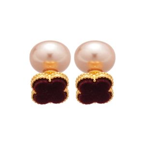 Pink pearl and dark red flocked floral stud earrings with gold metallic beaded edges