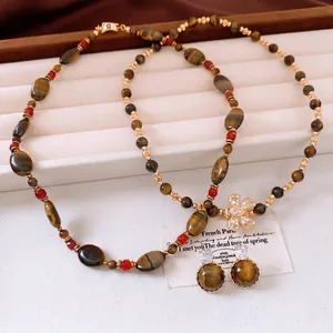 Bijoux Vintage En Pierre Oeil De Tigre Pendentif Papillon Collier Perlé Boucles D'oreilles Avec Tige En Argent Plaqué Or 18K Luxe Femmes
