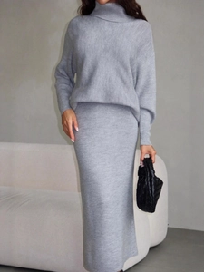 Women Knitted Cotton Polyester Turtleneck Long Sleeve Pullover Sweater And Slim Fit Maxi Skirt Solid Color Autumn Winter Elegant