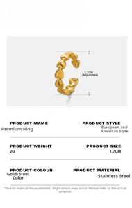 Detailed infographic showing size specifications of a 18K gold-plated heart ring