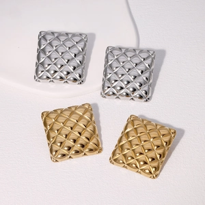 Quilted Square Stud Earrings Stainless Steel 18K Gold Plated Geometric Retro Light Luxury Fashion Jewelry For Women