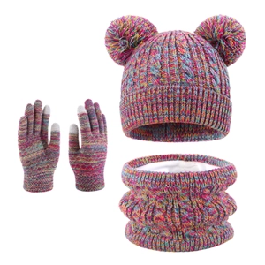 Winter set with double-pom knitting hat, thick scarf, and touchscreen gloves in mixed colors