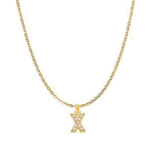 Detailed shot of a gold X letter pendant with micro-pave white crystals on an O-chain