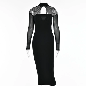 Detail of black long sleeve bodycon dress with sheer mesh patchwork on shoulders