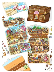 Creative cartoon adventure stickers showing treasure chests and underwater scenes