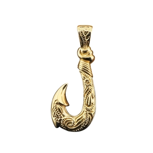 Vintage gold fish hook pendant in stainless steel with Hawaiian style wave carvings