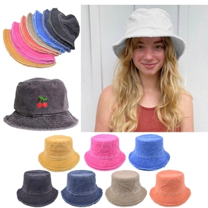 Washed Cotton Bucket Hat Frayed Edge Distressed Vintage Casual Sun Protection Fisherman Cap Unisex Outdoor