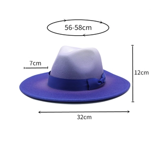 Detailed size chart of gradient blue wool felt fedora showing dimensions and brim width