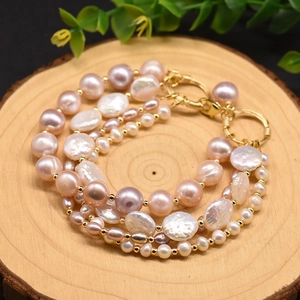Baroque freshwater pearl bracelet with multilayered natural pearls and gold clasp