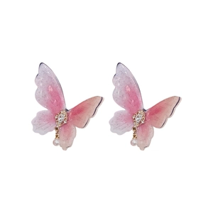 Elegant butterfly earrings with pink gradient wings, rhinestones and pearl pendants