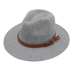 Classic grey woven fedora hat with brown leather band and metallic tassel detail