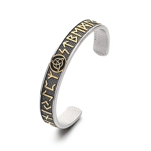 Classic Nordic Viking bracelet with Odin runes and Triquetra symbol in silver gold finish