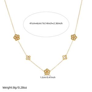Elegant gold-plated stainless steel flower necklace with clear zircon stone pendants