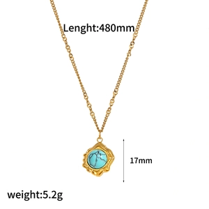 Gold stainless steel necklace with turquoise tiger eye pendant on a white background