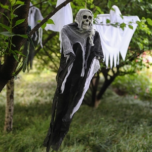 Hanging Halloween skull ghost in black robe with white ghost outdoor garden decoration