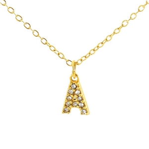Minimalist gold-plated stainless steel letter A necklace featuring shimmering crystal accents