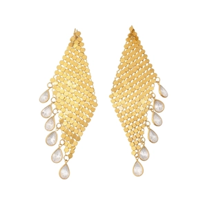 Gold plated rhombus mesh earrings with crystal water drop tassels and retro metal finish