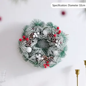 32cm Christmas wreath with green pine needles, red berries and realistic white snow