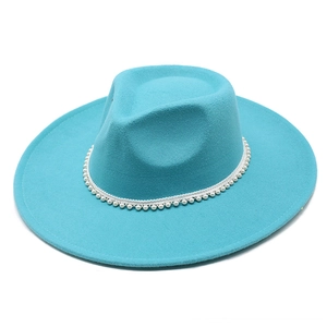 Turquoise wool fedora hat with elegant pearl bead trim for a stylish winter accessory