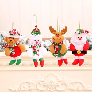 Set of 4 festive Christmas plush hanging ornaments including Santa, snowman, deer, and bear