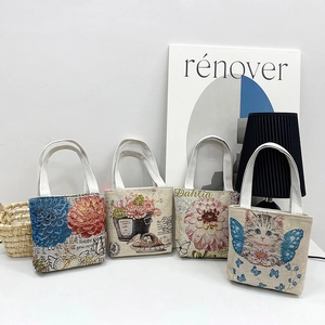 Ethnic style double-sided gold embroidery canvas handbags with floral and cat patterns