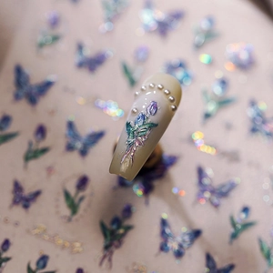 Holographic butterfly and tulip nail art sticker with 3D relief and pearls