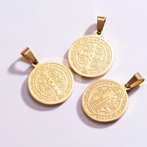 Saint Benedict medal gold stainless steel pendant showing front and back design details