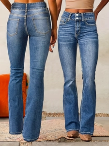 Front and back view of retro blue washed flared jeans with stretch fabric for women